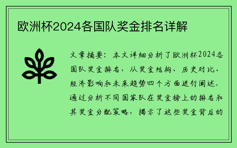 欧洲杯2024各国队奖金排名详解