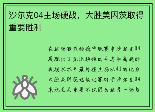 沙尔克04主场硬战，大胜美因茨取得重要胜利