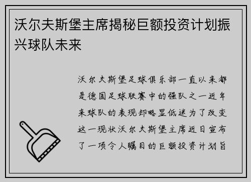 沃尔夫斯堡主席揭秘巨额投资计划振兴球队未来