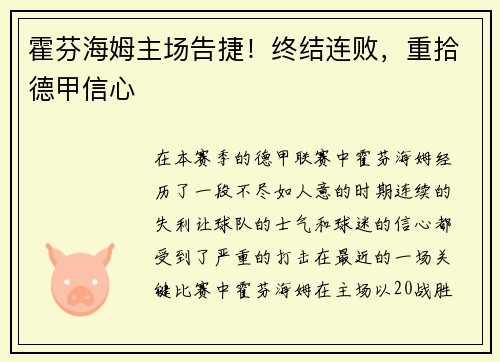 霍芬海姆主场告捷!终结连败,重拾德甲信心