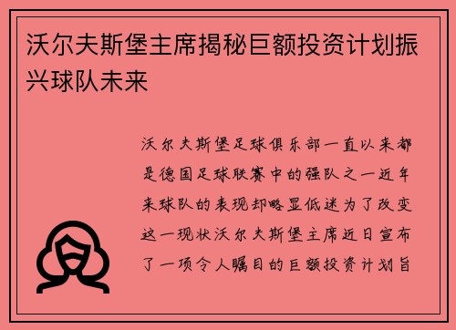 沃尔夫斯堡主席揭秘巨额投资计划振兴球队未来